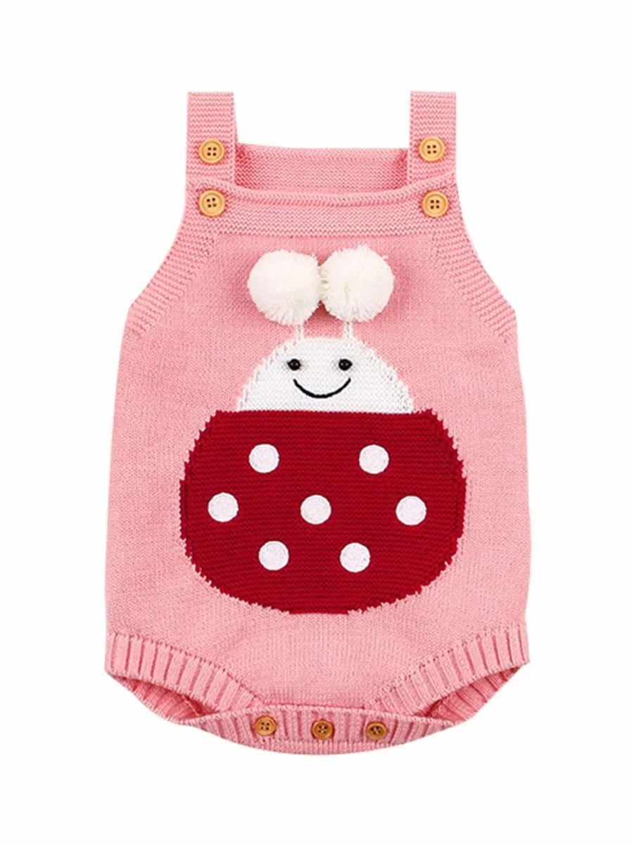 Infant Baby Pom-Pom Ladybug Knitted Onesies Pink and Gray