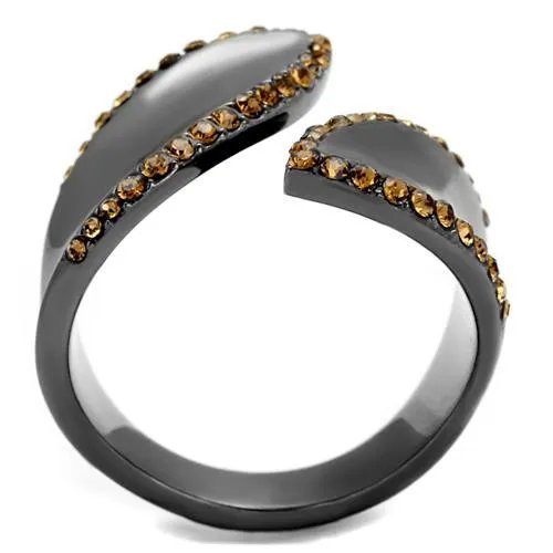 IP Light Black (IP Gun) Stainless Steel Ring with Top Grade Crystal in Smoked Quartz for Women Style TK2692