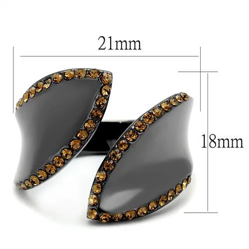 IP Light Black (IP Gun) Stainless Steel Ring with Top Grade Crystal in Smoked Quartz for Women Style TK2692