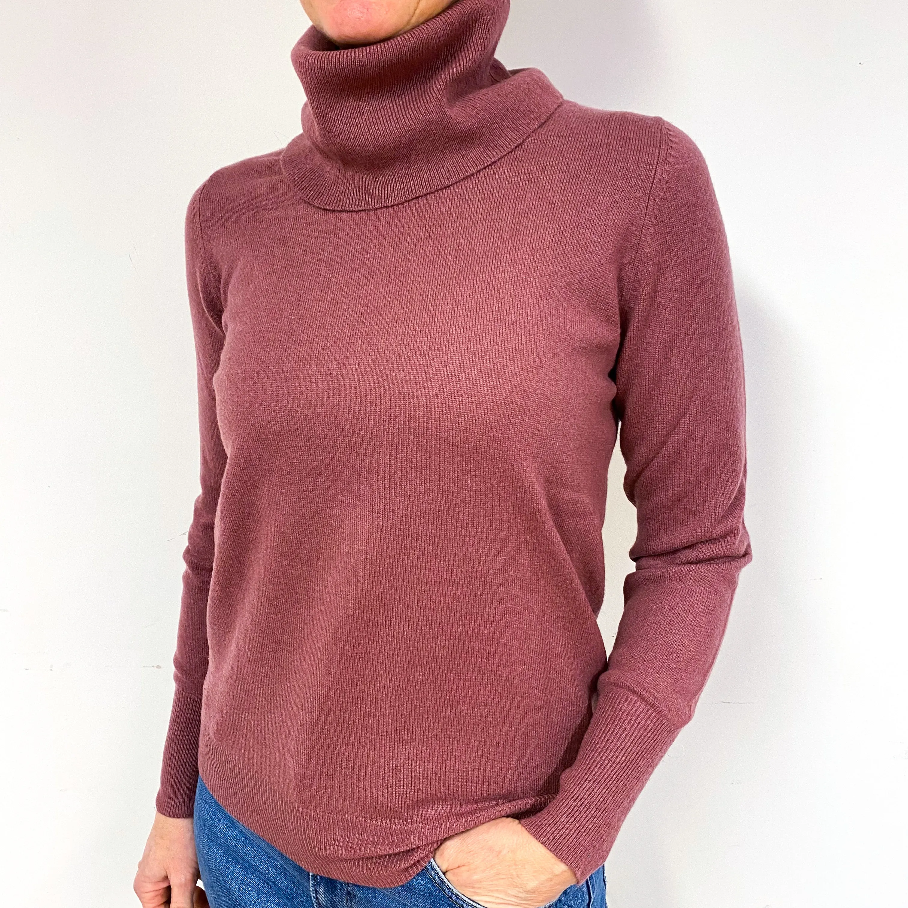 Jaeger Heather Pink Cashmere Polo Neck Jumper Medium