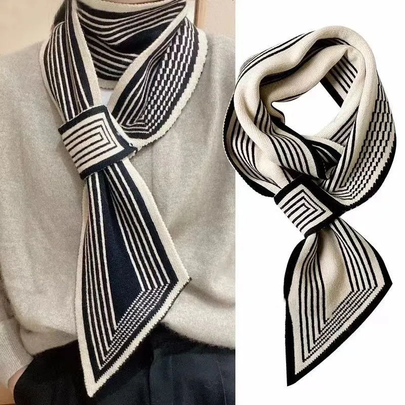 JC023330 Beige-Black Cross-Front Geometric Stripes Scarf