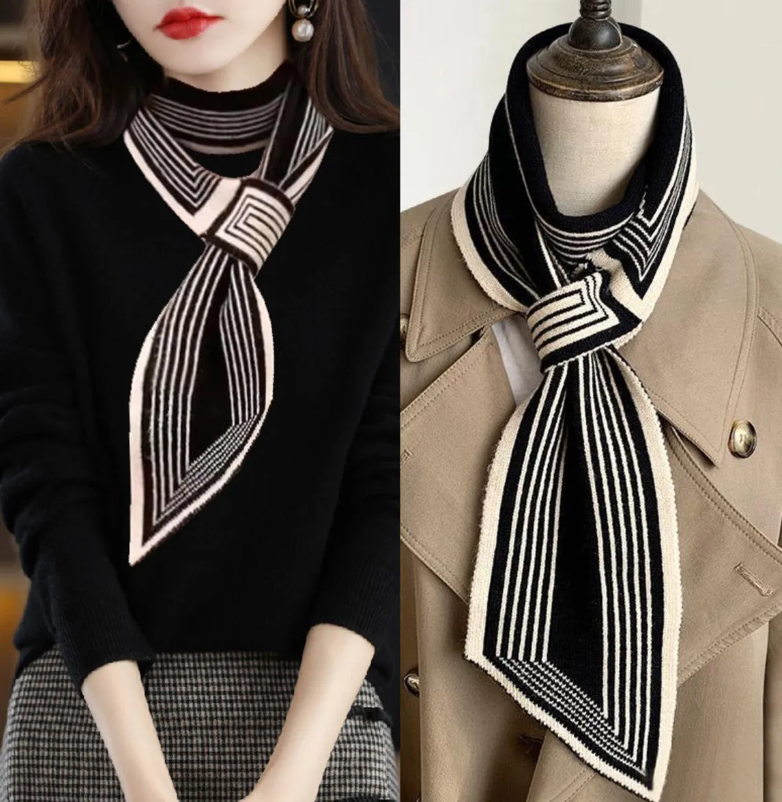 JC023330 Beige-Black Cross-Front Geometric Stripes Scarf