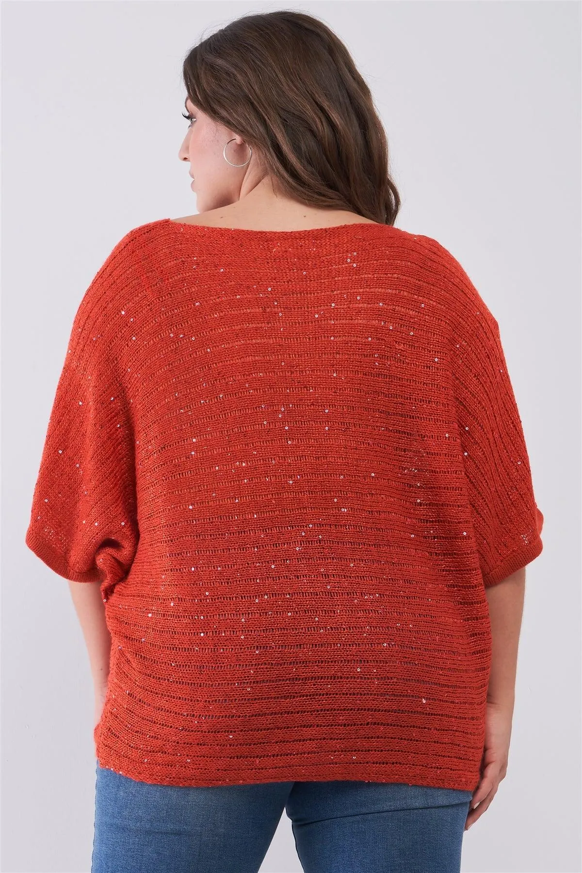 Junior Plus Size Dark Coral Sequin Sheer Knit Bateau Neck Drop Shoulder Loose Fit Top /2-1-2