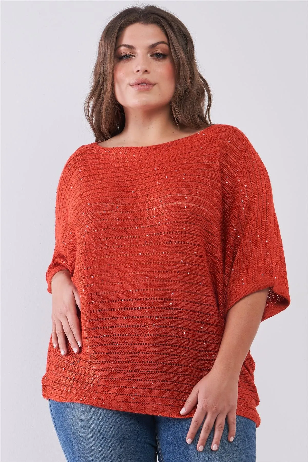 Junior Plus Size Dark Coral Sequin Sheer Knit Bateau Neck Drop Shoulder Loose Fit Top /2-1-2