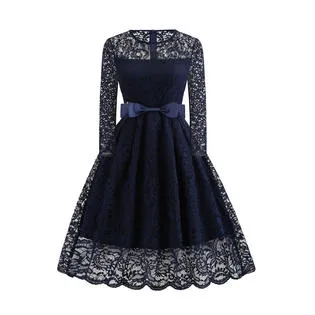 Ketty More Women Round Neck Bow Waist Lace Dress-KMWDC5505