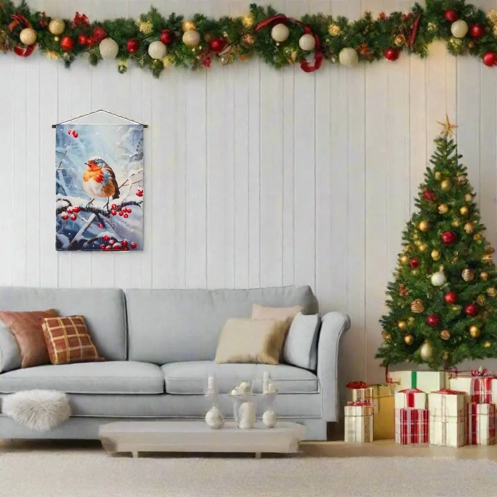 Light Up Robin Winter Scene Fabric Banner - 60 x 40cm