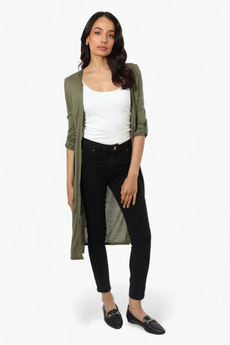 Magazine Roll Up Sleeve Open Duster Cardigan - Olive