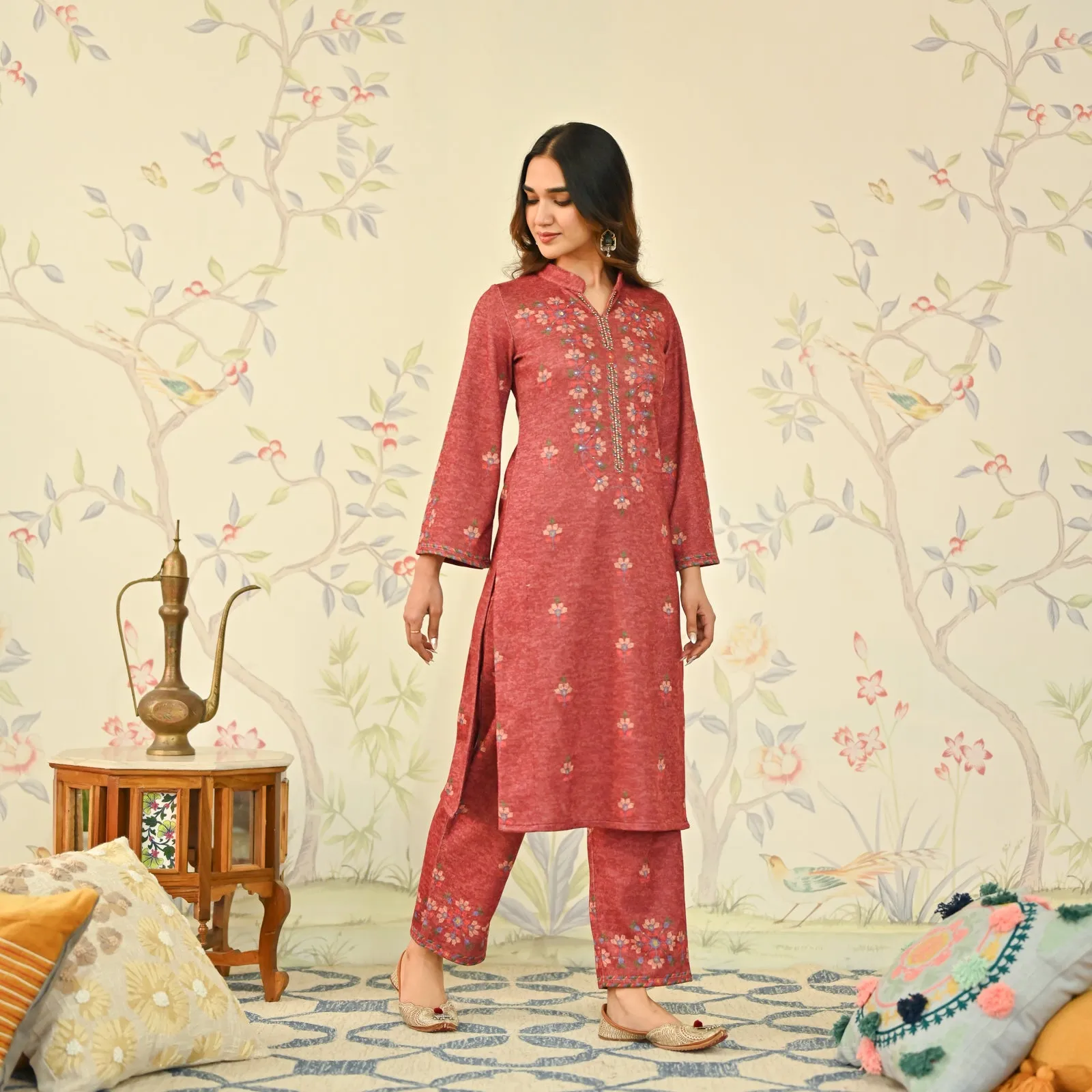 Maroon Geometric Floral Woollen Kurta Set with Embroidery Detail