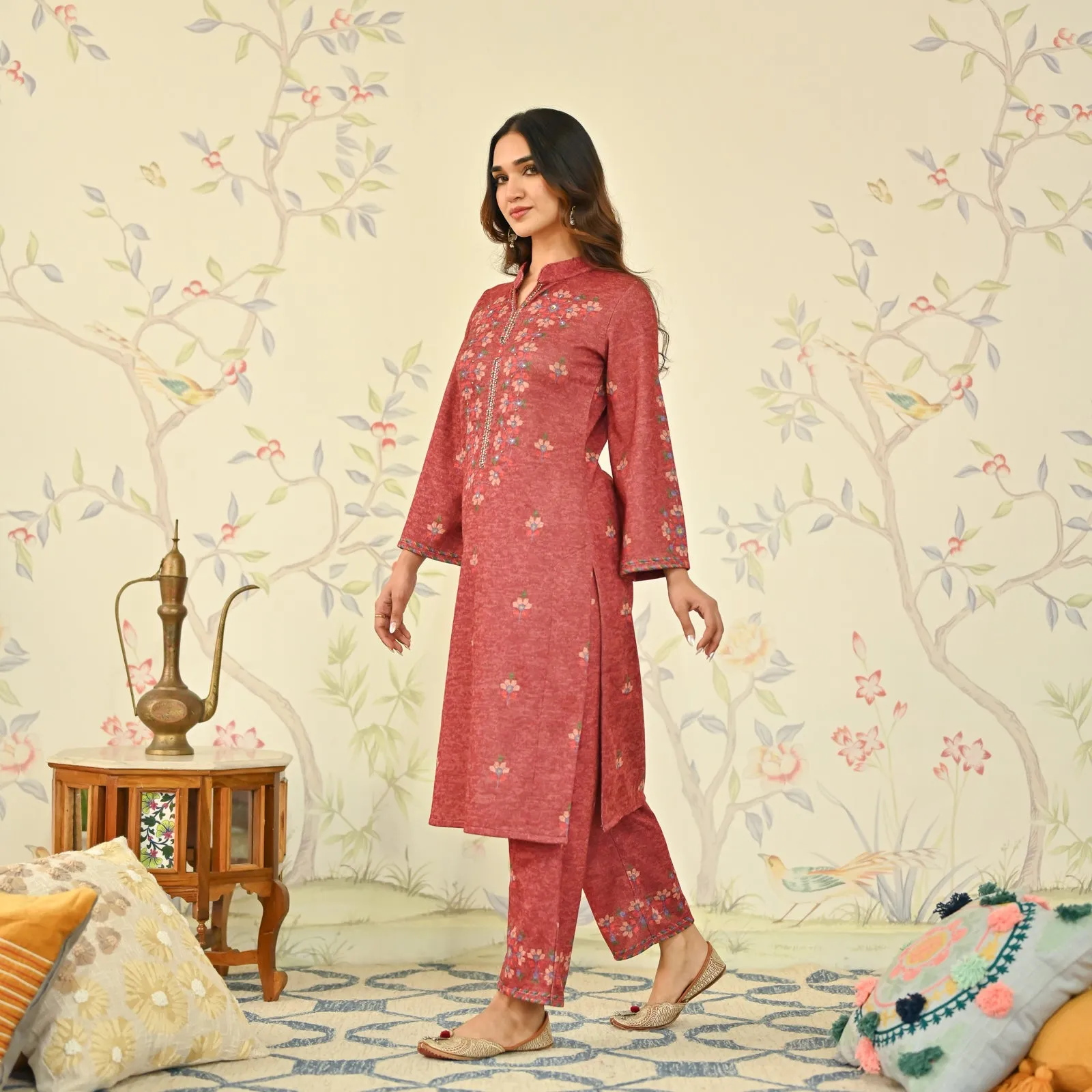 Maroon Geometric Floral Woollen Kurta Set with Embroidery Detail