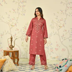 Maroon Geometric Floral Woollen Kurta Set with Embroidery Detail