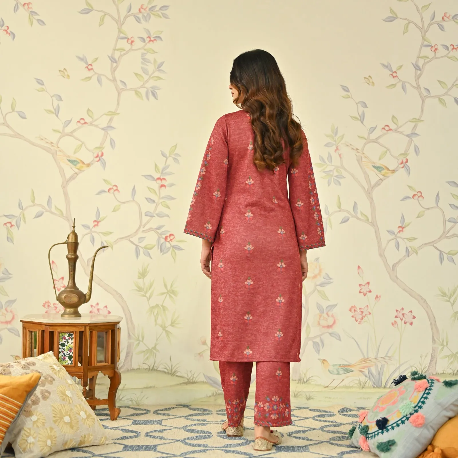 Maroon Geometric Floral Woollen Kurta Set with Embroidery Detail