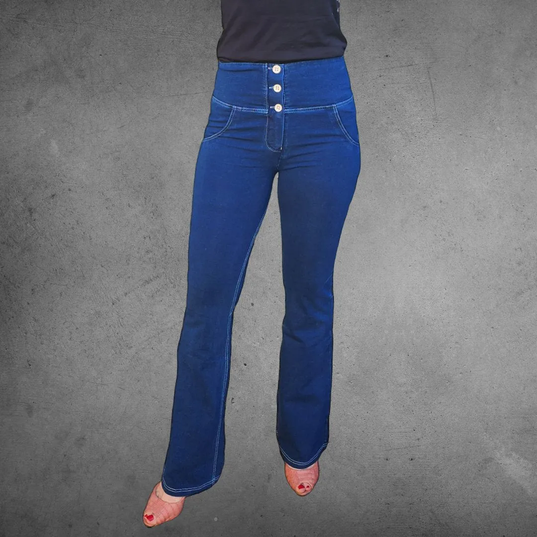 Melody Shaping Pant High Waist Dark blue denim / white stitch - Bootleg (Flare)  Buttons