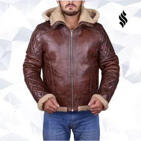 MEN BROWN SHEARLING JACKET WITH HOODIE