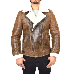 Men's Classic Real Sheepskin Aviator Jacket Antique Brown Olsen