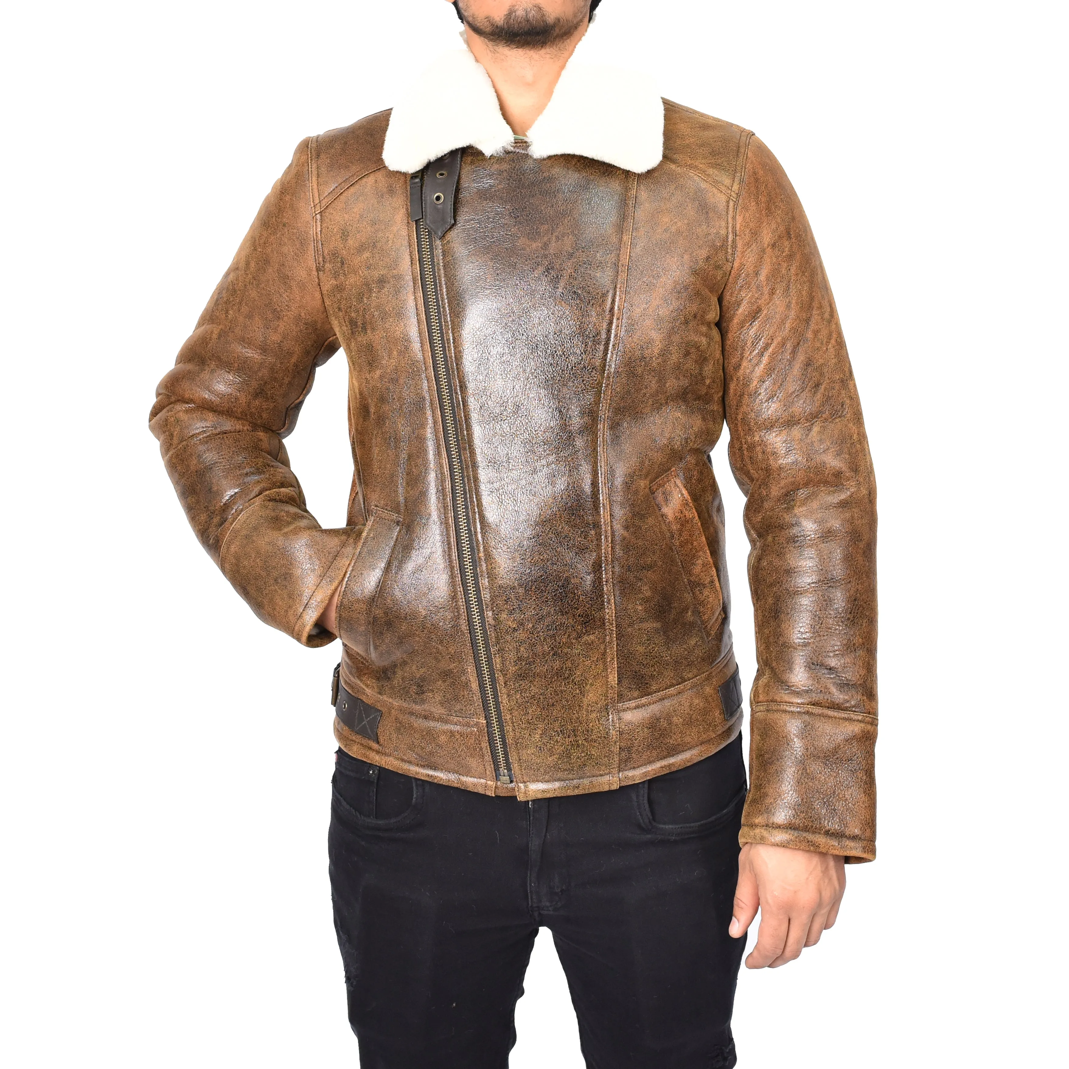 Men's Classic Real Sheepskin Aviator Jacket Antique Brown Olsen