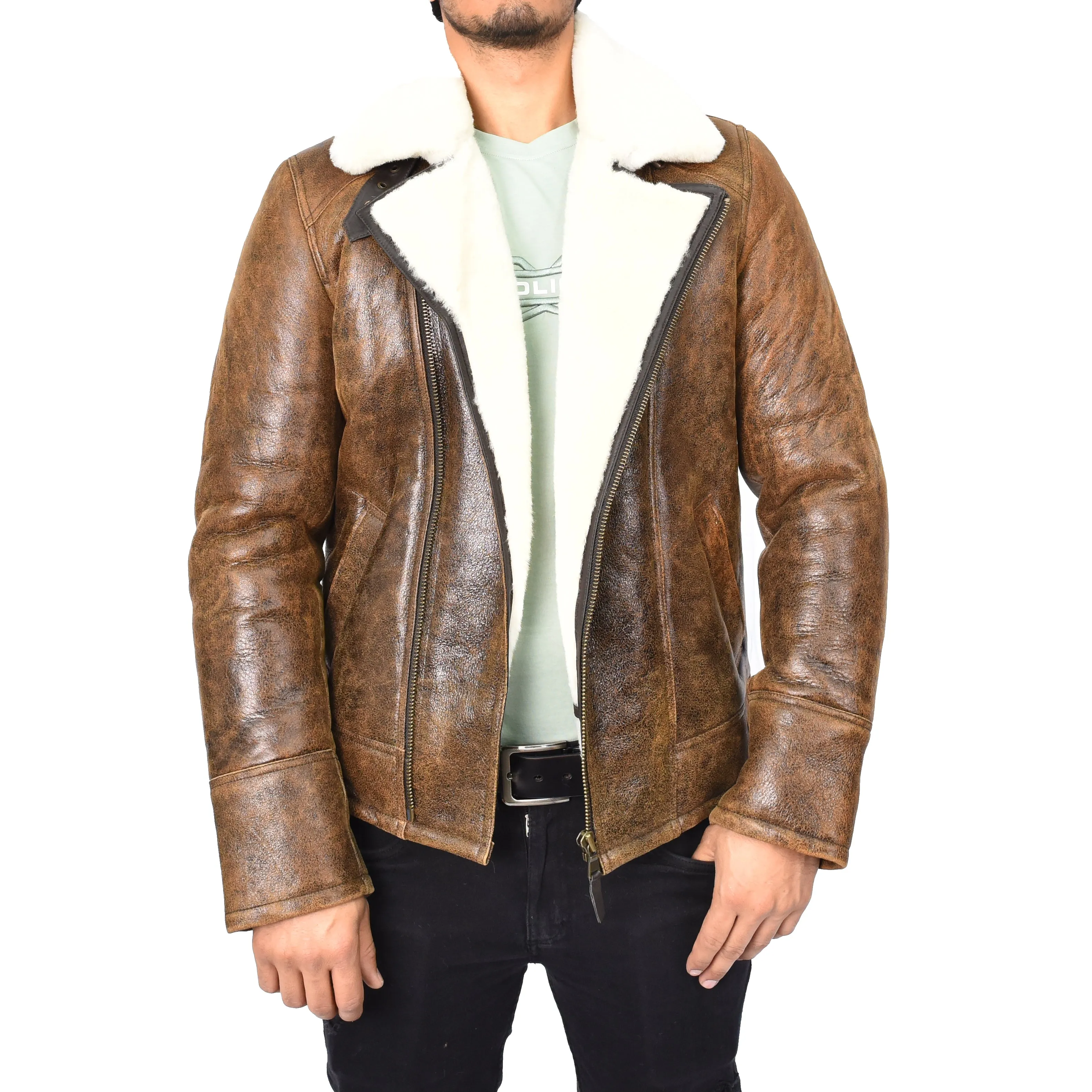 Men's Classic Real Sheepskin Aviator Jacket Antique Brown Olsen