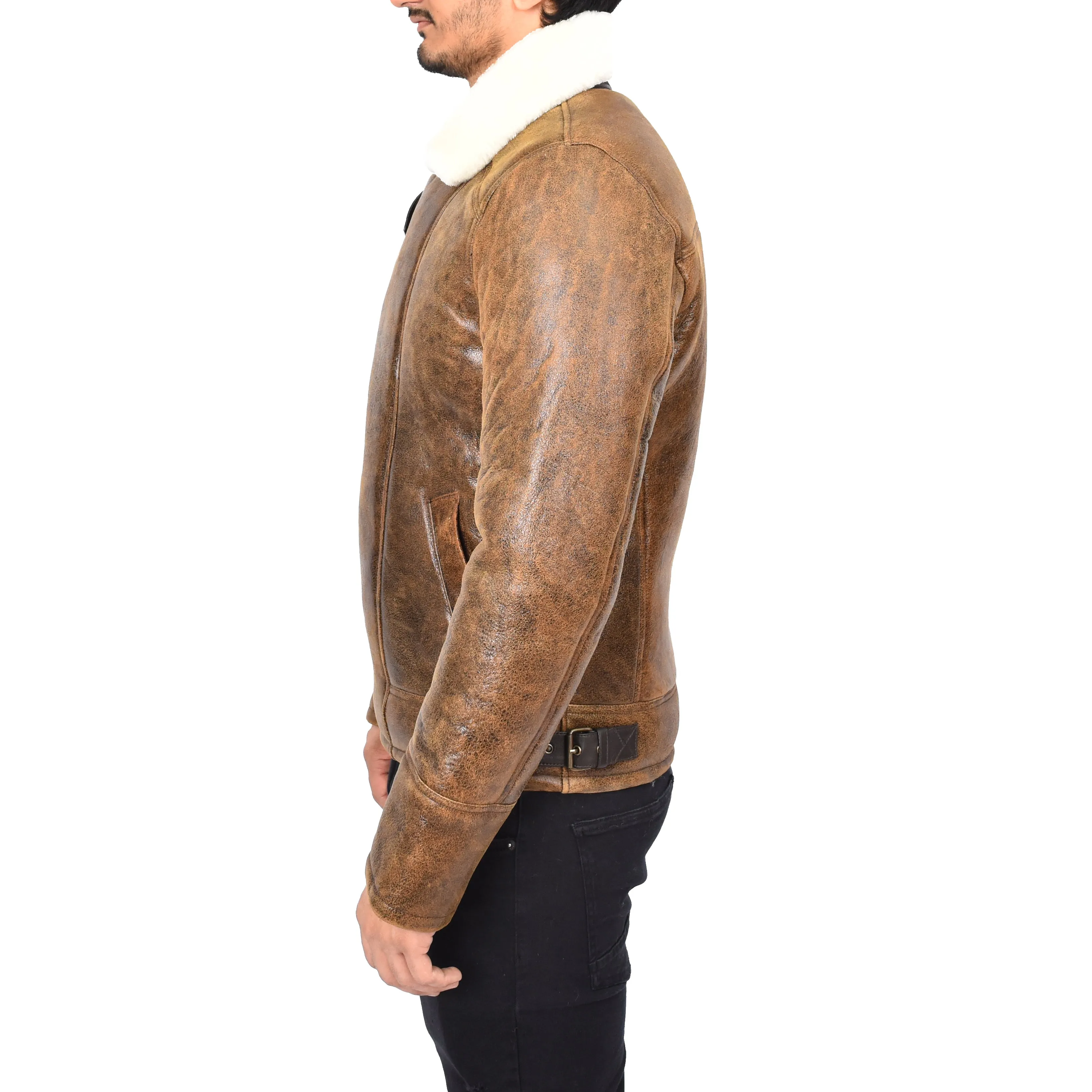 Men's Classic Real Sheepskin Aviator Jacket Antique Brown Olsen