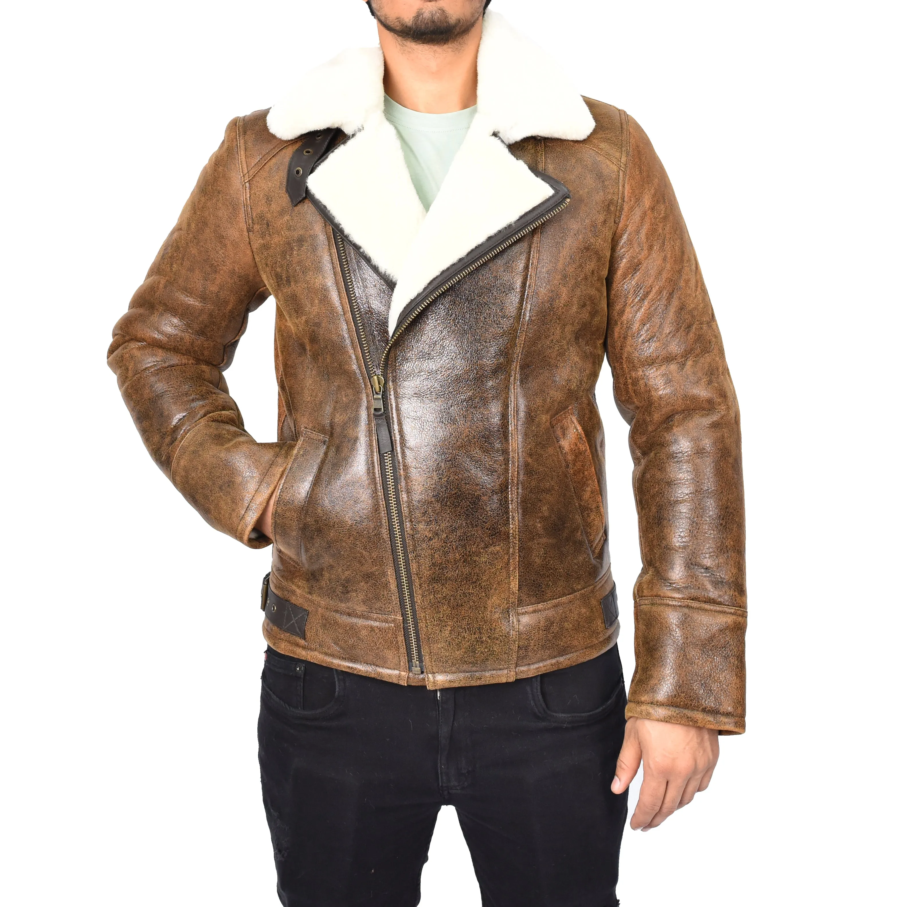 Men's Classic Real Sheepskin Aviator Jacket Antique Brown Olsen