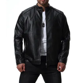 Mens Classic Stand Collar Zipper Motorcycle Leather Jacket M S1201509