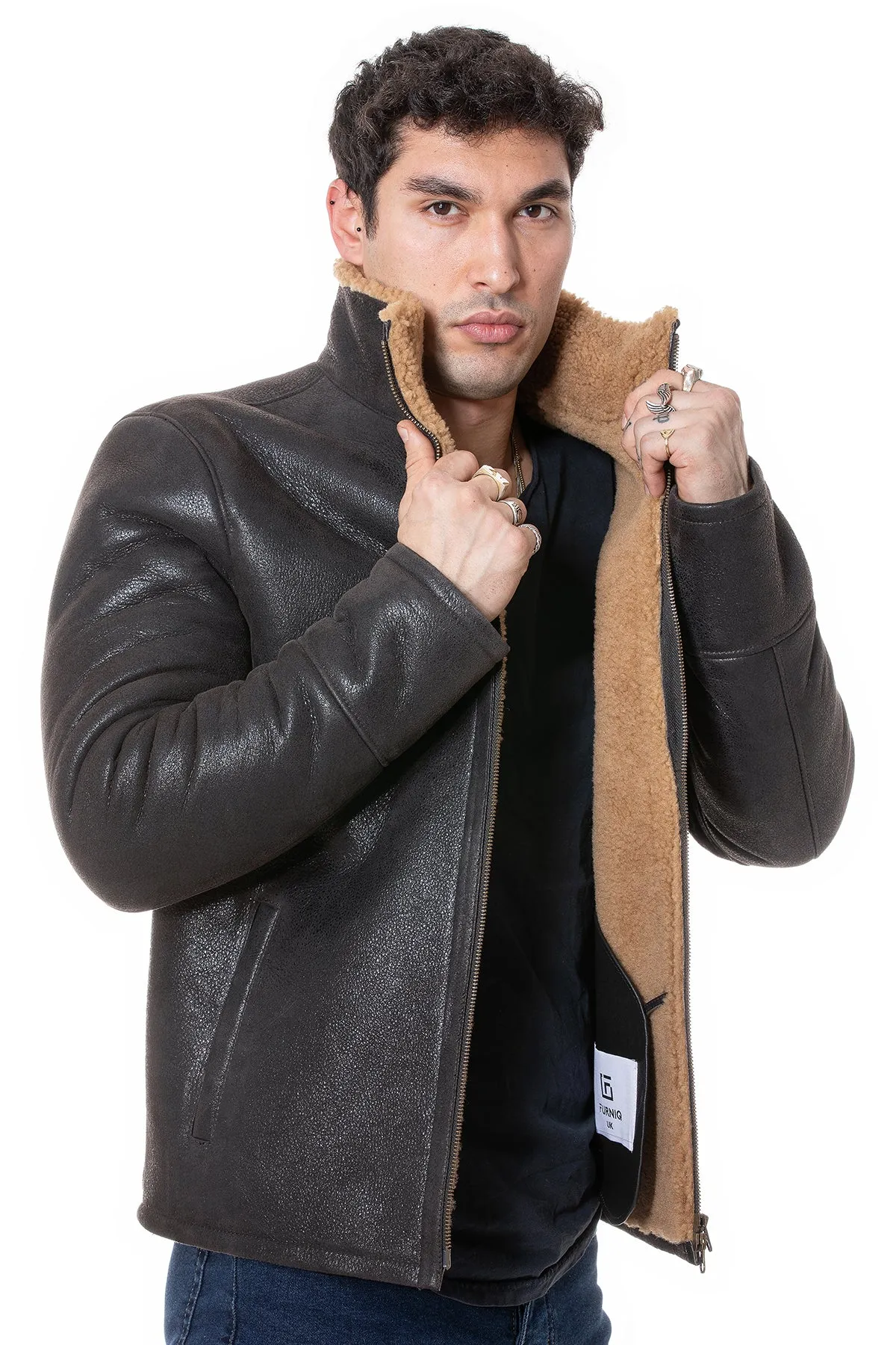 Men's Shearling Casual Jacket, Vintage Brown with Ginger Curly Wool