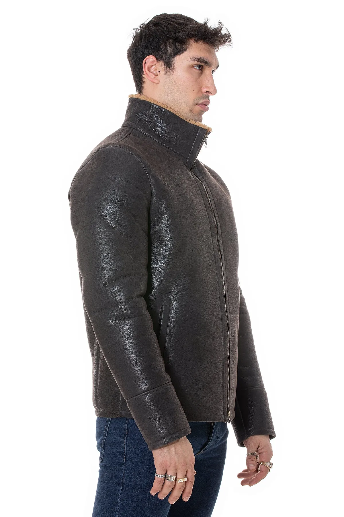 Men's Shearling Casual Jacket, Vintage Brown with Ginger Curly Wool