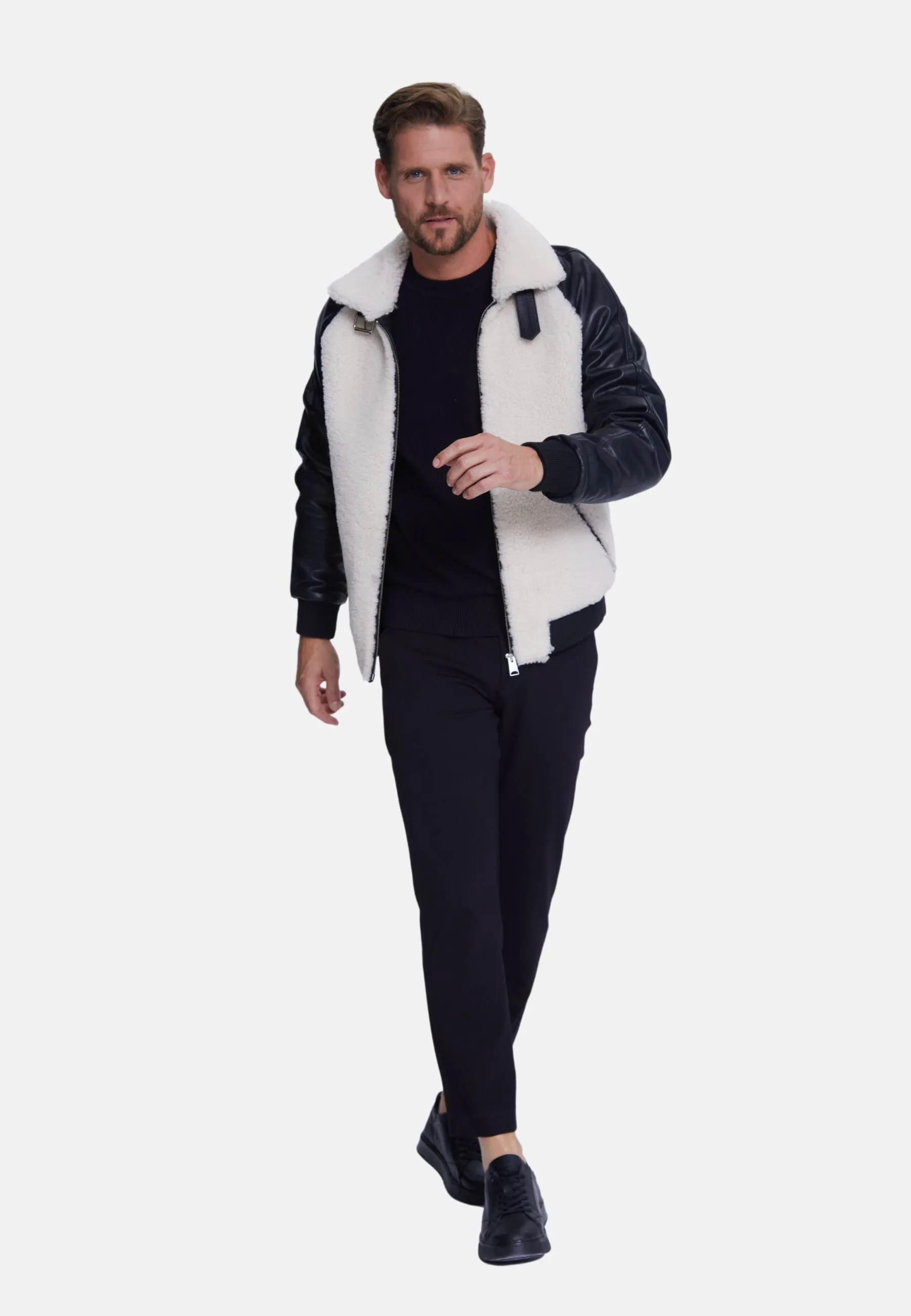 Men's Shearling Jacket, Silky Black With White Curly Wool