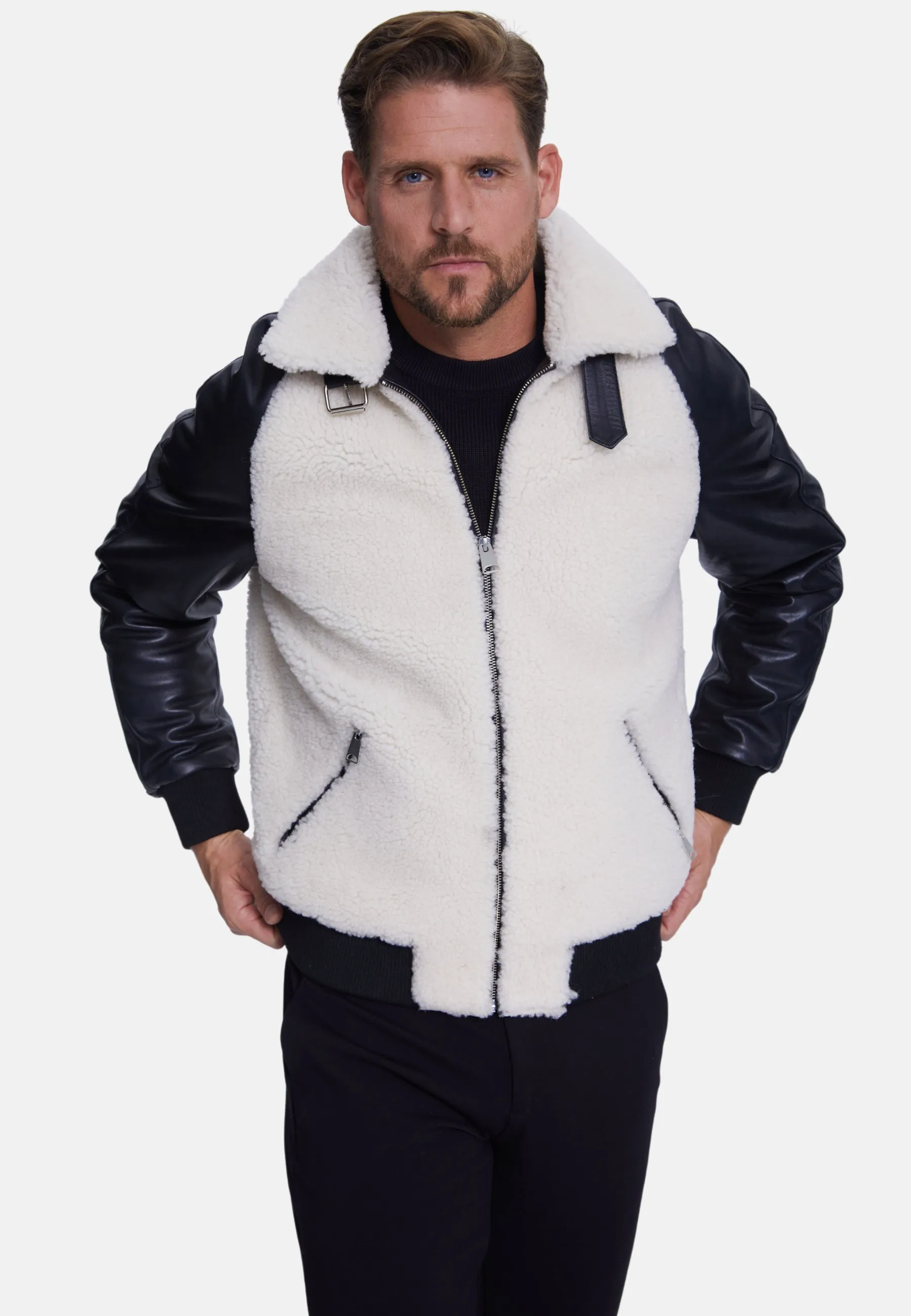 Men's Shearling Jacket, Silky Black With White Curly Wool