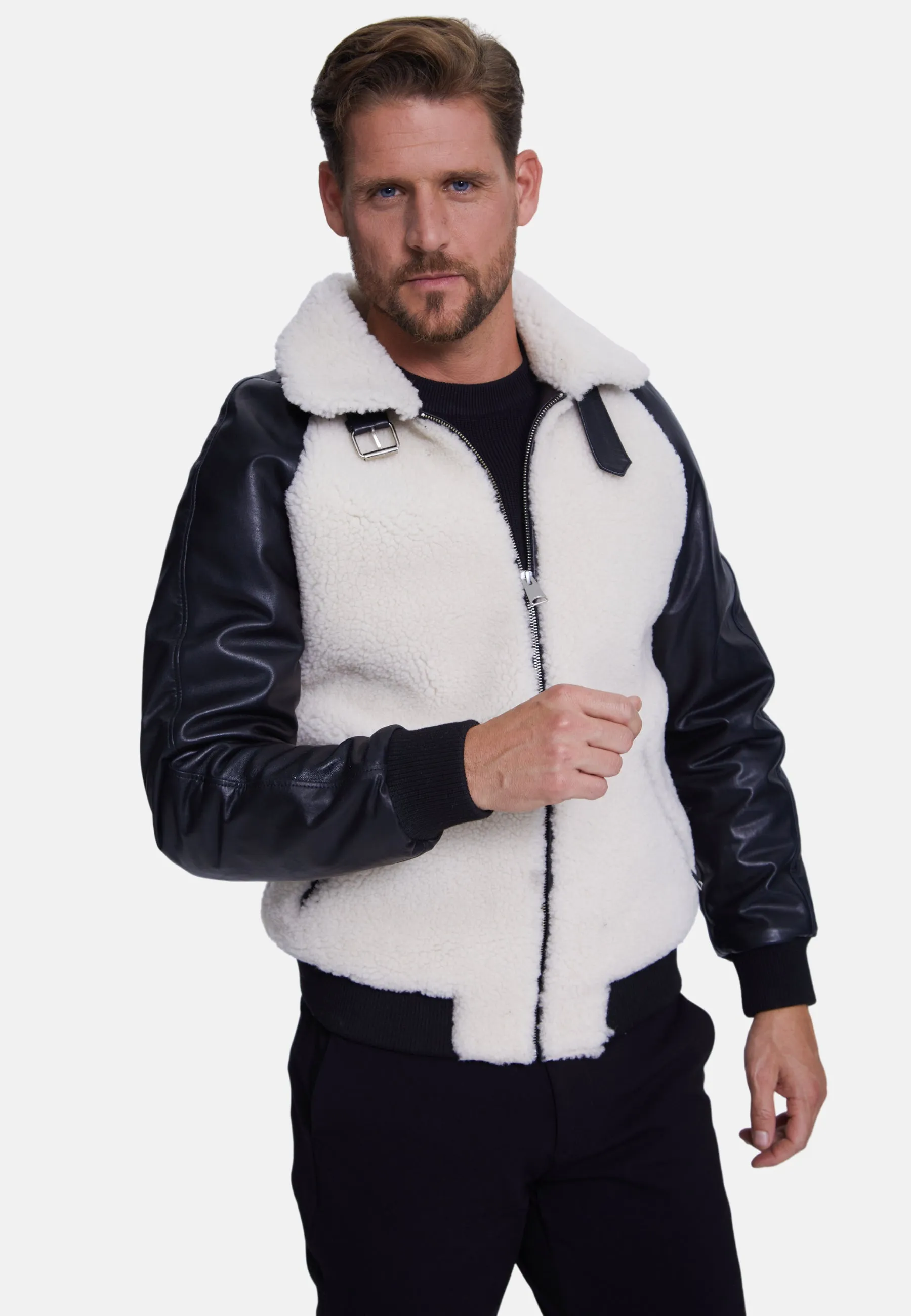 Men's Shearling Jacket, Silky Black With White Curly Wool