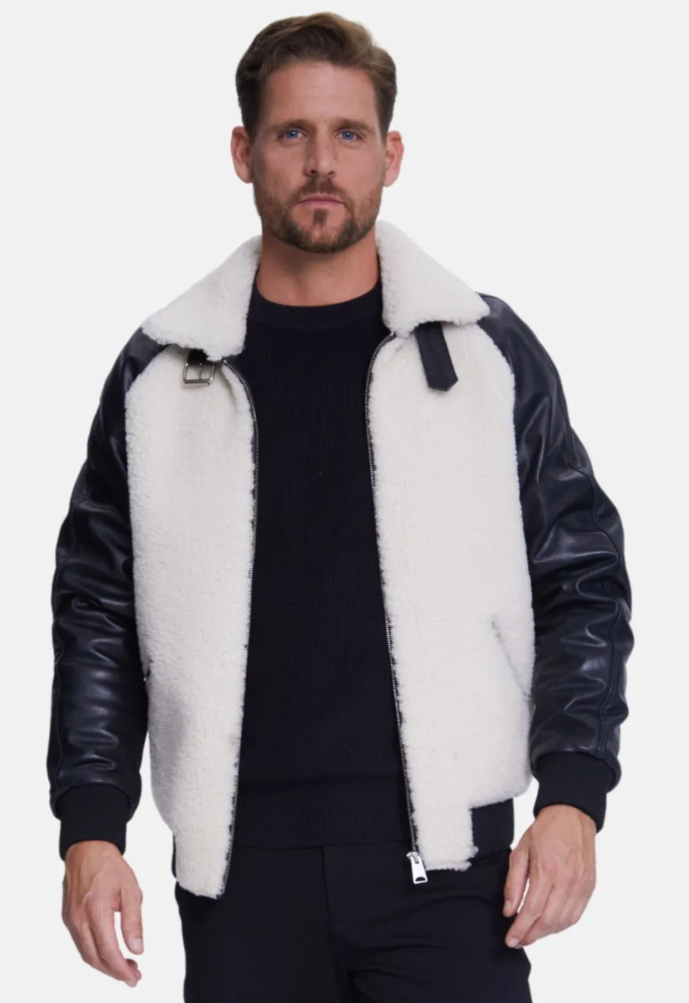 Men's Shearling Jacket, Silky Black With White Curly Wool