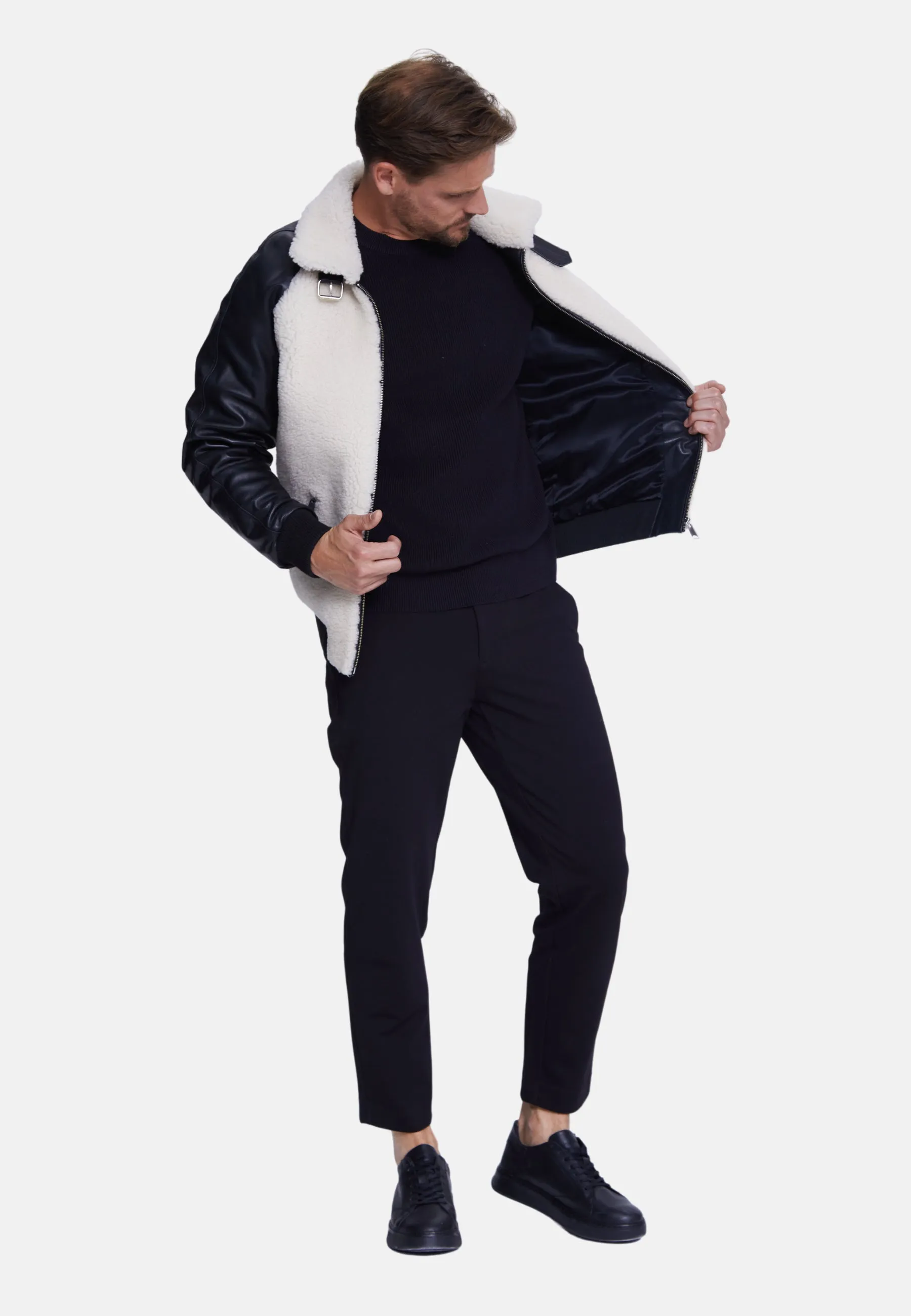 Men's Shearling Jacket, Silky Black With White Curly Wool