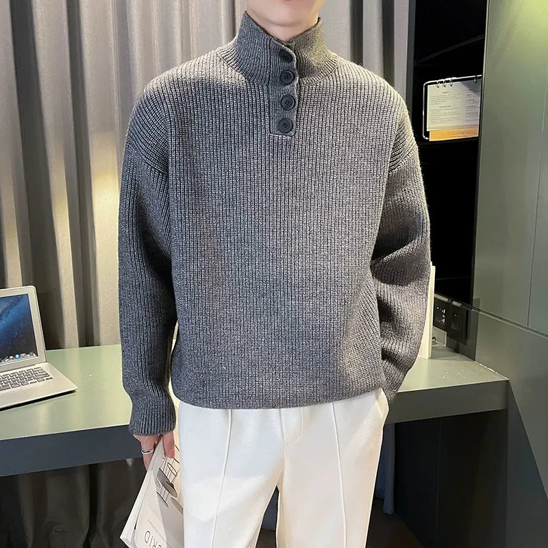 Mens Winter Solid Color Thickened Stand Collar Sweater