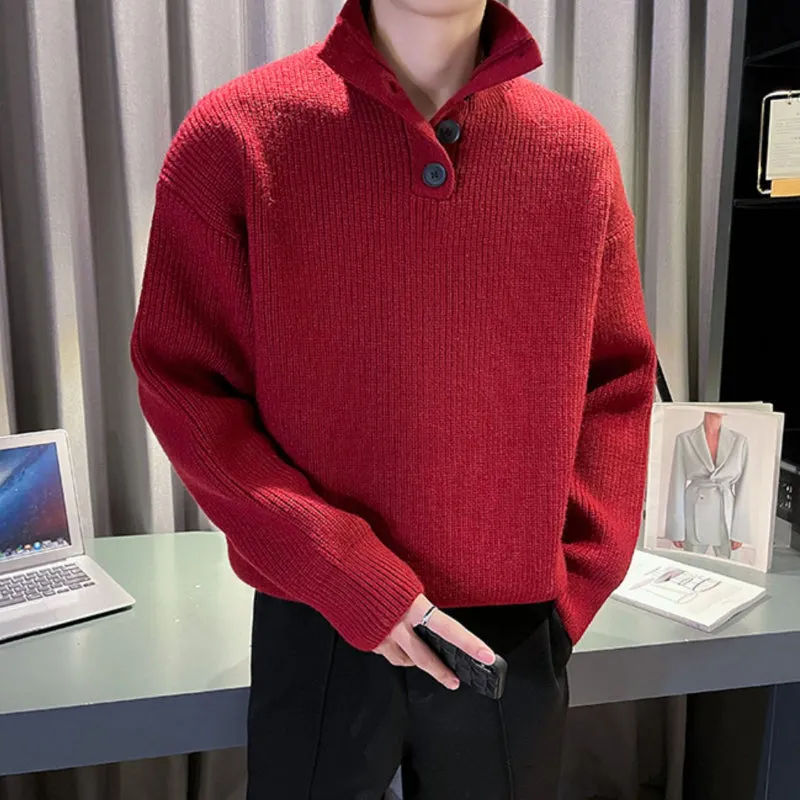 Mens Winter Solid Color Thickened Stand Collar Sweater