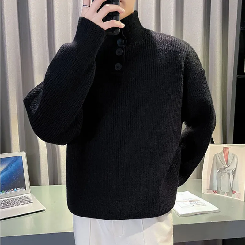 Mens Winter Solid Color Thickened Stand Collar Sweater