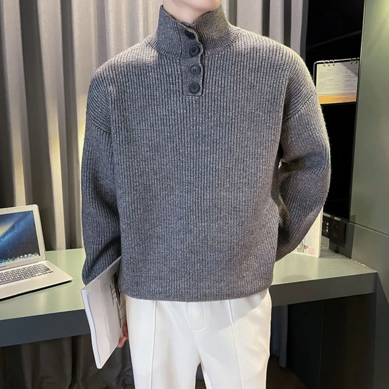 Mens Winter Solid Color Thickened Stand Collar Sweater