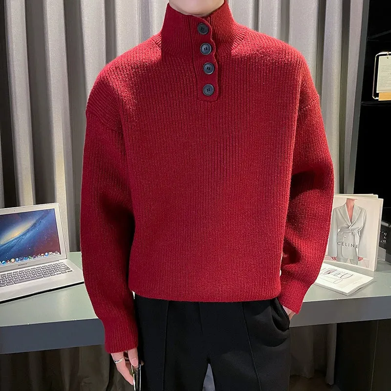 Mens Winter Solid Color Thickened Stand Collar Sweater