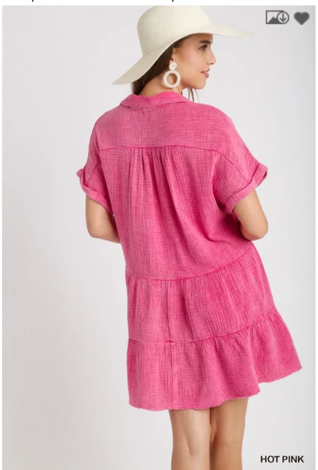 Mineral Wash Tiered Babydoll Dress - Hot Pink