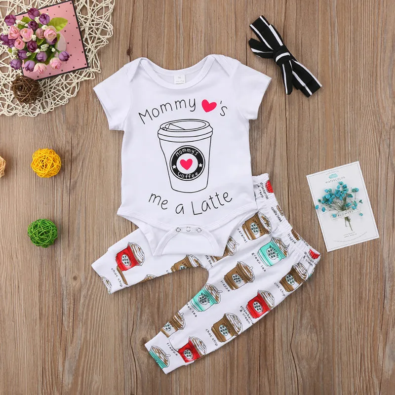 Mommy Loves Me a Latte Romper Pants Headband Outfit