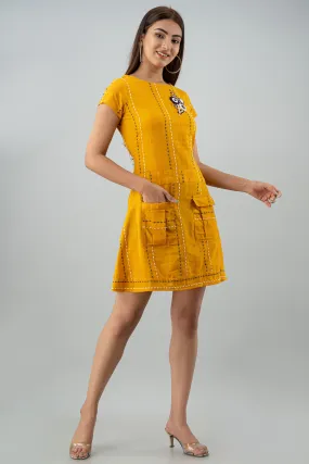 Mustard Color Yarn Dyed A-line Women Short Dress