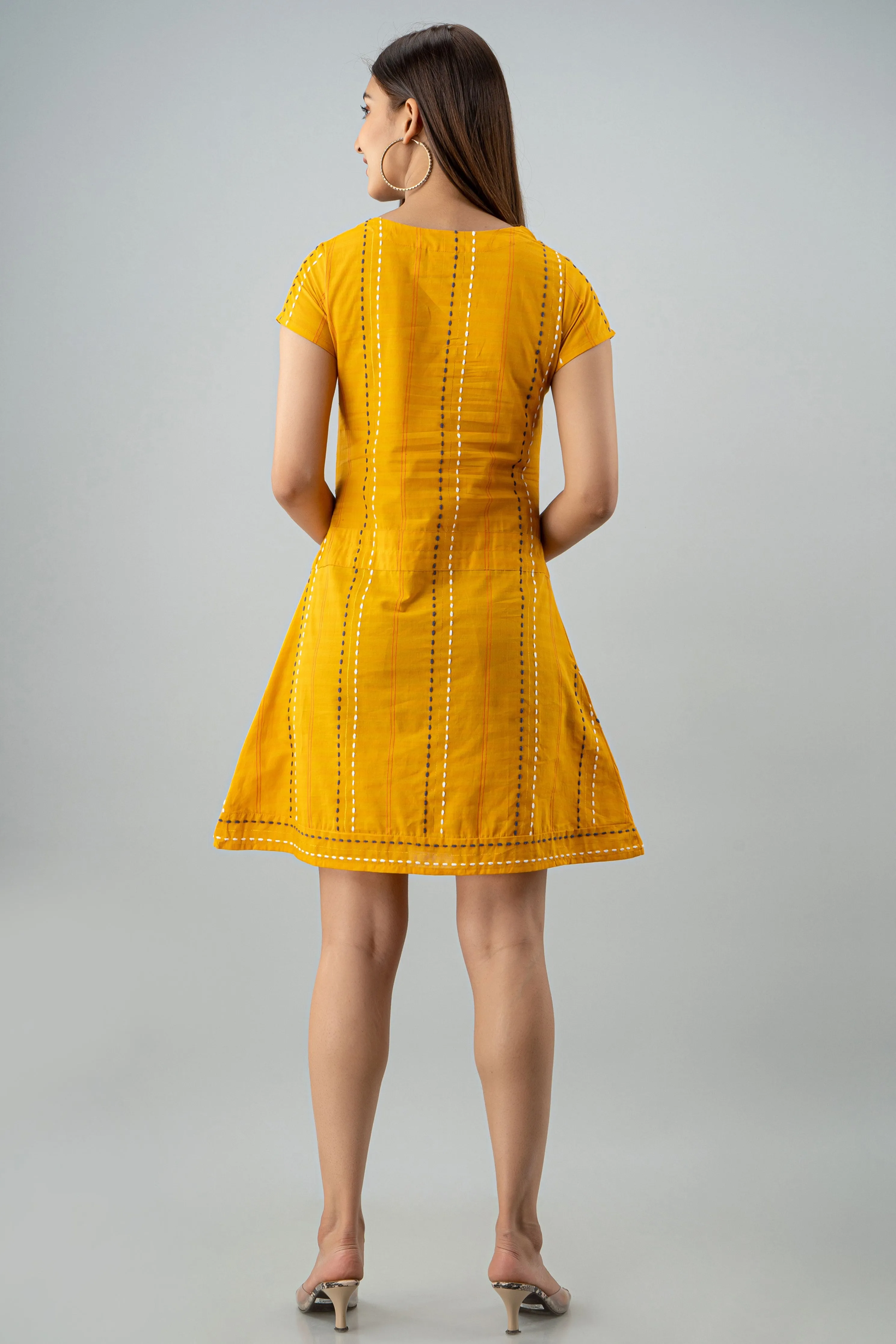 Mustard Color Yarn Dyed A-line Women Short Dress