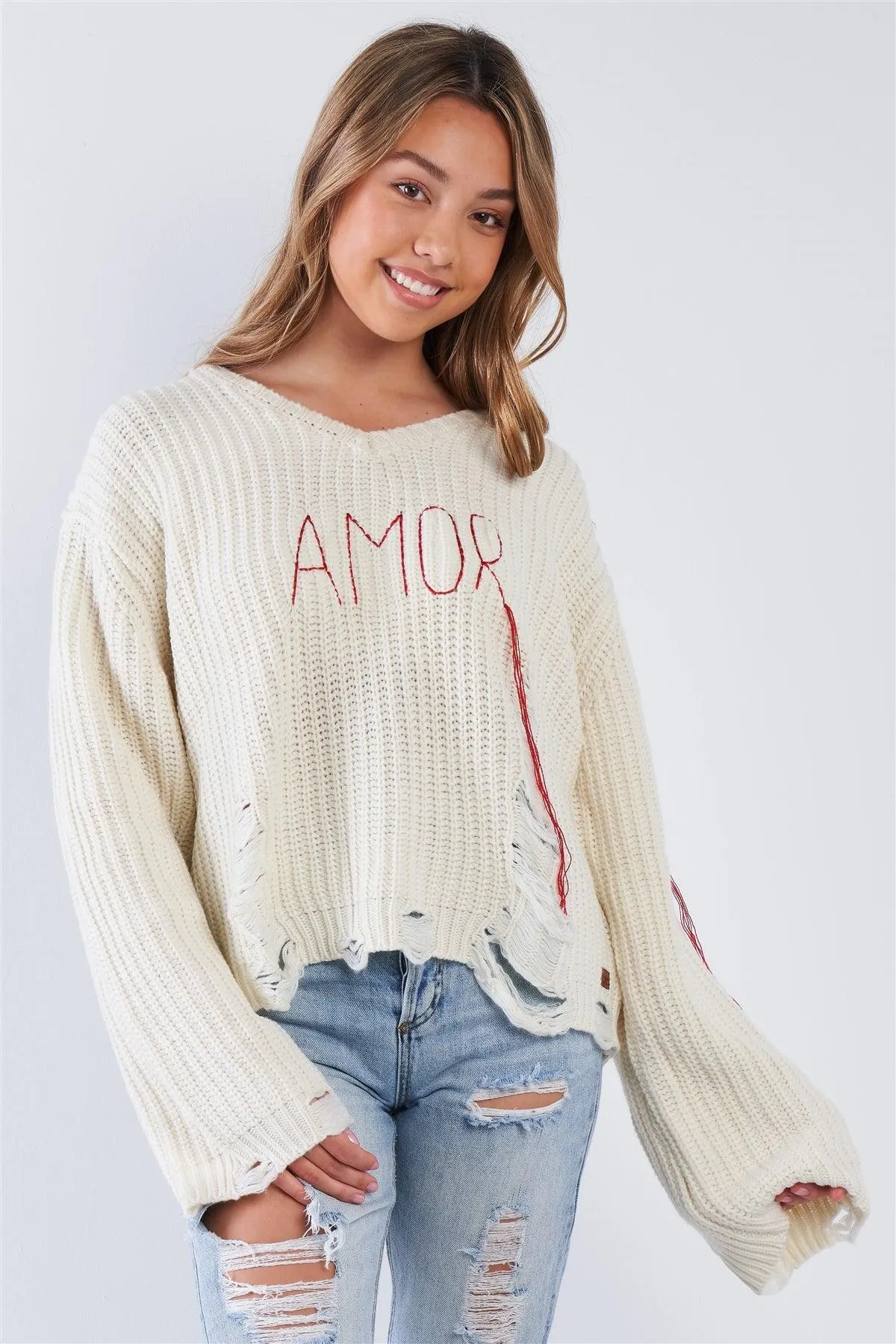 Natural "Amor" V-Neck Distressed Dolman Sleeve Knit Sweater /1-3-3