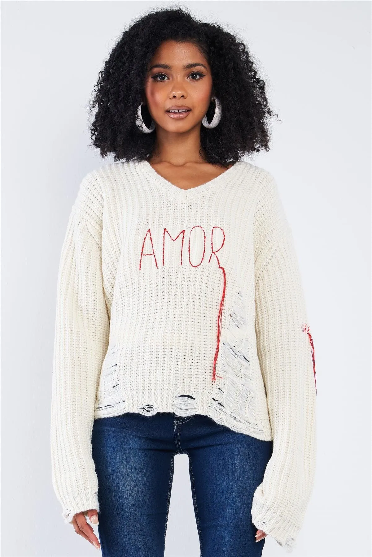 Natural "Amor" V-Neck Distressed Dolman Sleeve Knit Sweater /1-3-3