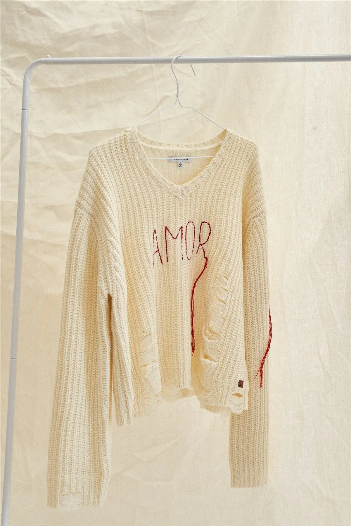 Natural "Amor" V-Neck Distressed Dolman Sleeve Knit Sweater /1-3-3