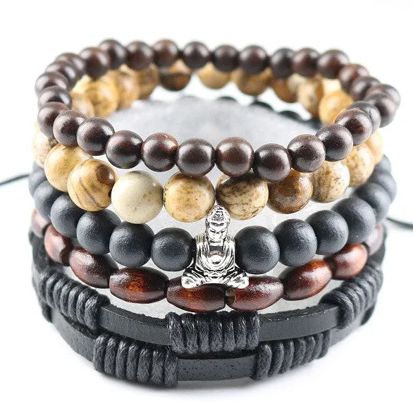 New Design 5 pcs 1 set Natural Stones Men Bracelets Women Charm Bracelets & Bangles Leather Wooden Beads Wrap Wristband Cuff