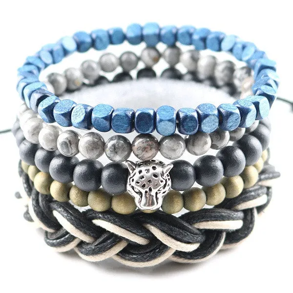 New Design 5 pcs 1 set Natural Stones Men Bracelets Women Charm Bracelets & Bangles Leather Wooden Beads Wrap Wristband Cuff