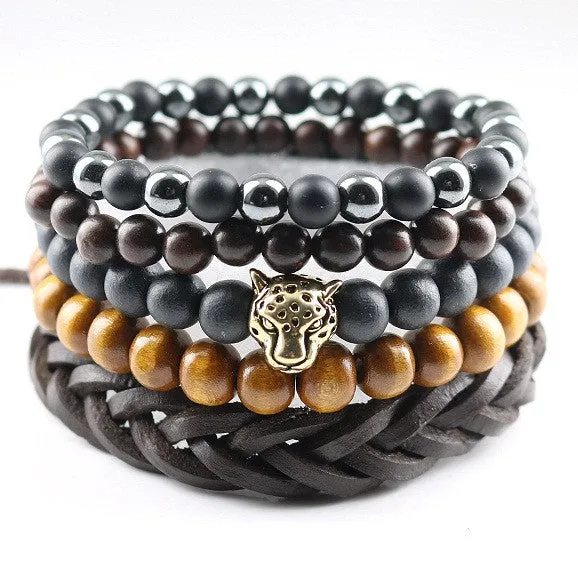 New Design 5 pcs 1 set Natural Stones Men Bracelets Women Charm Bracelets & Bangles Leather Wooden Beads Wrap Wristband Cuff