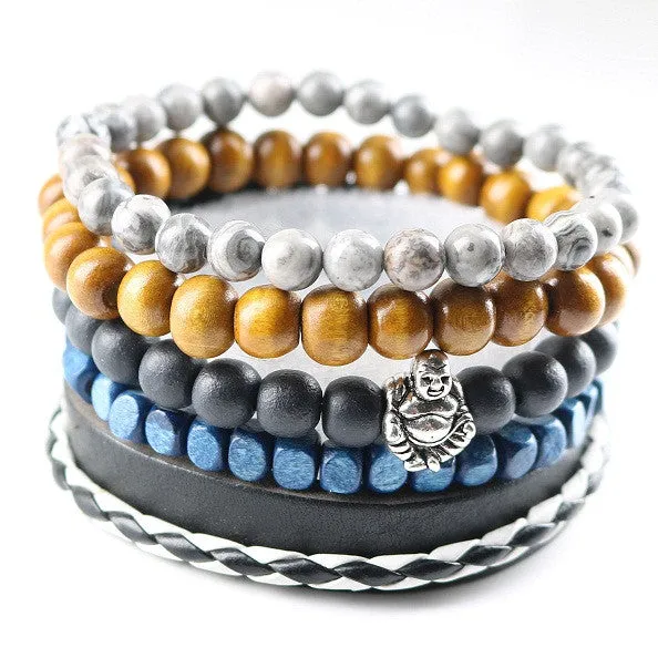 New Design 5 pcs 1 set Natural Stones Men Bracelets Women Charm Bracelets & Bangles Leather Wooden Beads Wrap Wristband Cuff