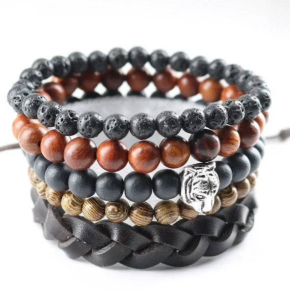 New Design 5 pcs 1 set Natural Stones Men Bracelets Women Charm Bracelets & Bangles Leather Wooden Beads Wrap Wristband Cuff