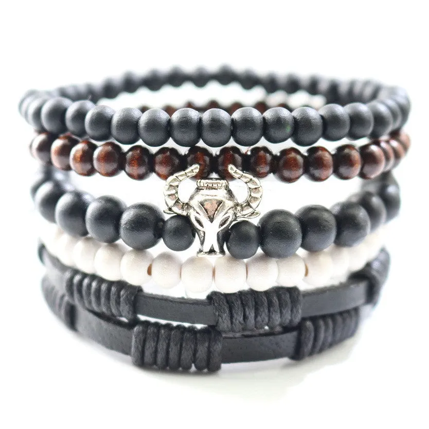 New Design 5 pcs 1 set Natural Stones Men Bracelets Women Charm Bracelets & Bangles Leather Wooden Beads Wrap Wristband Cuff