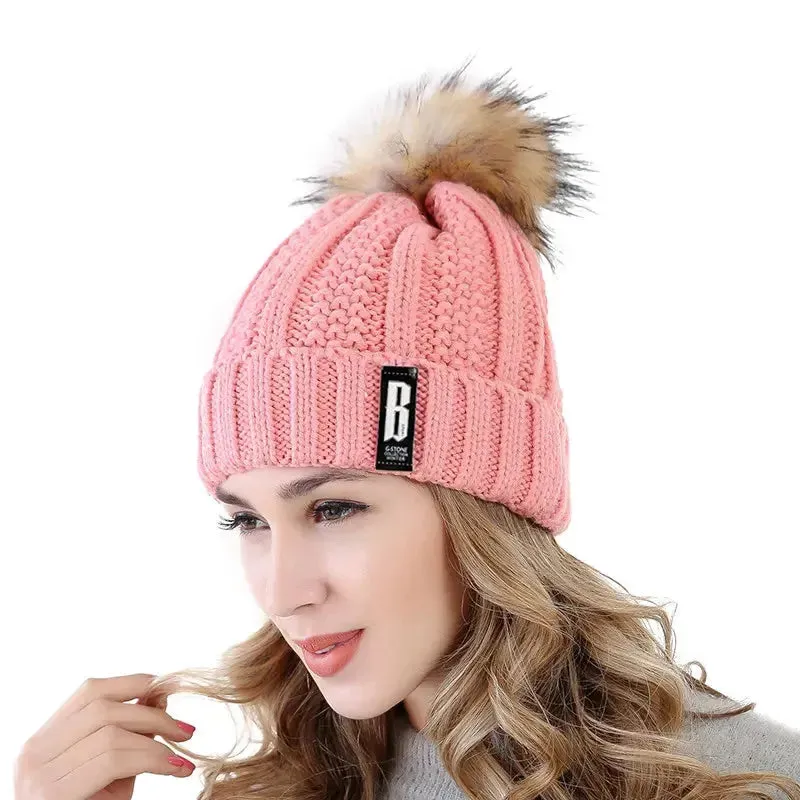 New Women Hat High Quality Add Fur Lined Pompoms Winter Hat Stylish Wool Beanie Hats For Women Warm Thick Streetwear Knitted Cap