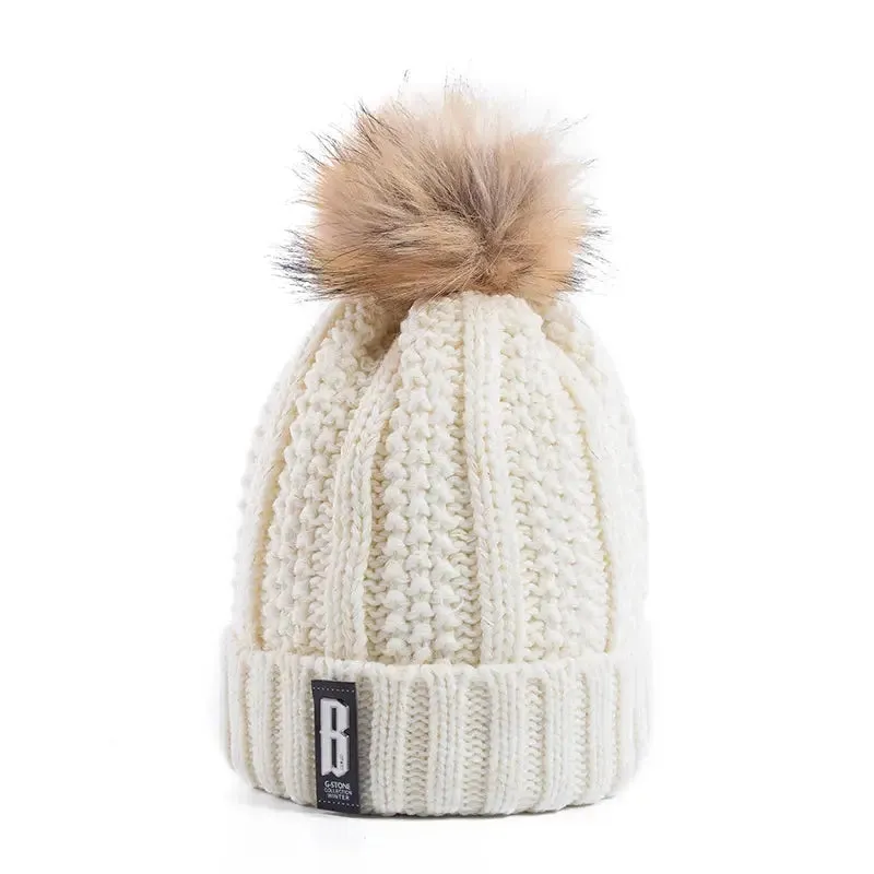 New Women Hat High Quality Add Fur Lined Pompoms Winter Hat Stylish Wool Beanie Hats For Women Warm Thick Streetwear Knitted Cap